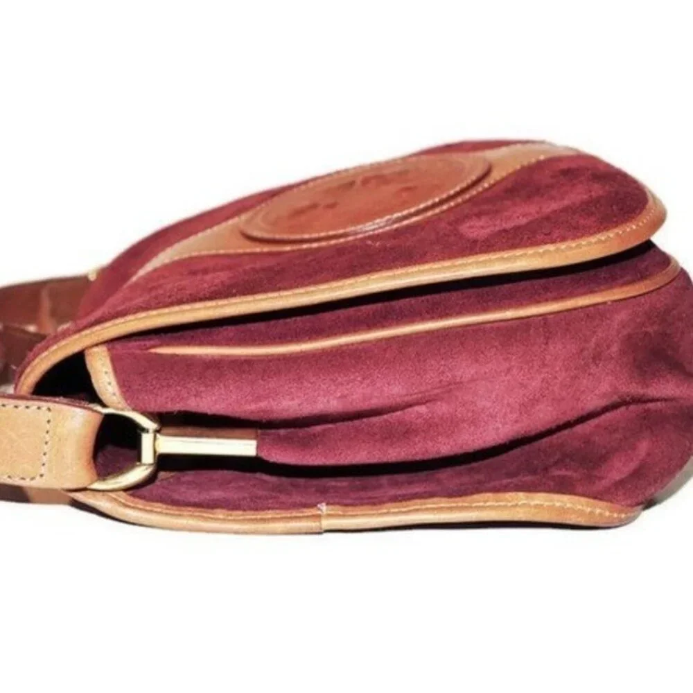 Yancci Shoulder Bag Women Medium Burgundy Suede Leather Floral Medallion Vintage